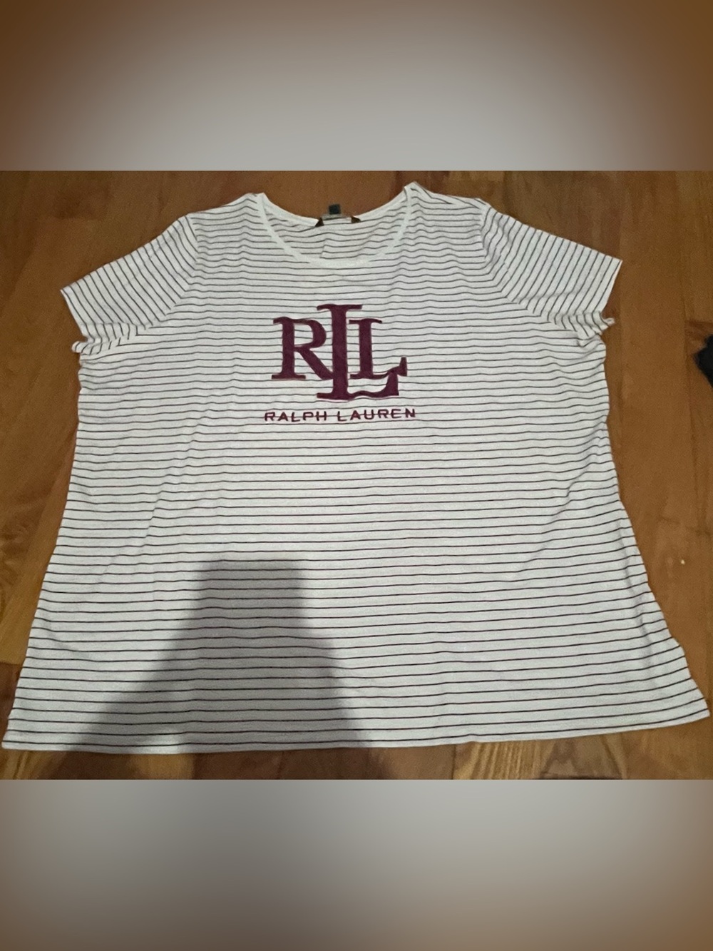 Lauren Ralph Lauren White Tee with Burgundy RL Monogram and Thin maroon Stripes